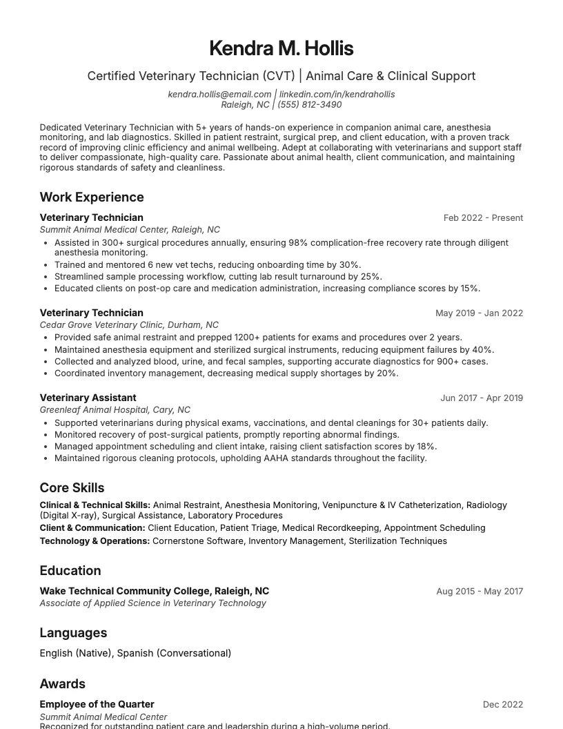 Vet Tech Resume Example