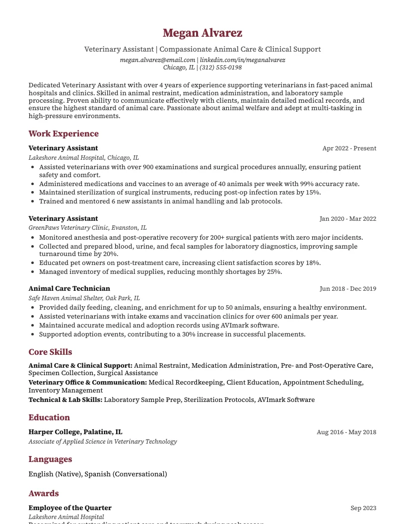 Veterinary Assistant (Exotic Animals) Resume Example