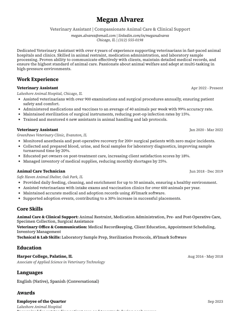 Veterinary Assistant Resume Example