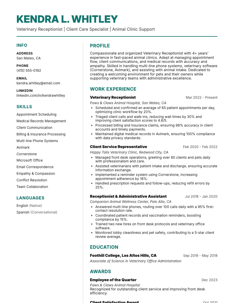 Veterinary Receptionist Resume Example