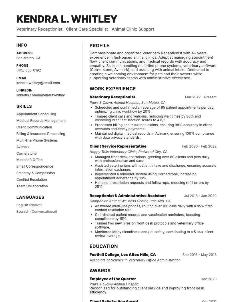 Veterinary Receptionist Resume Example