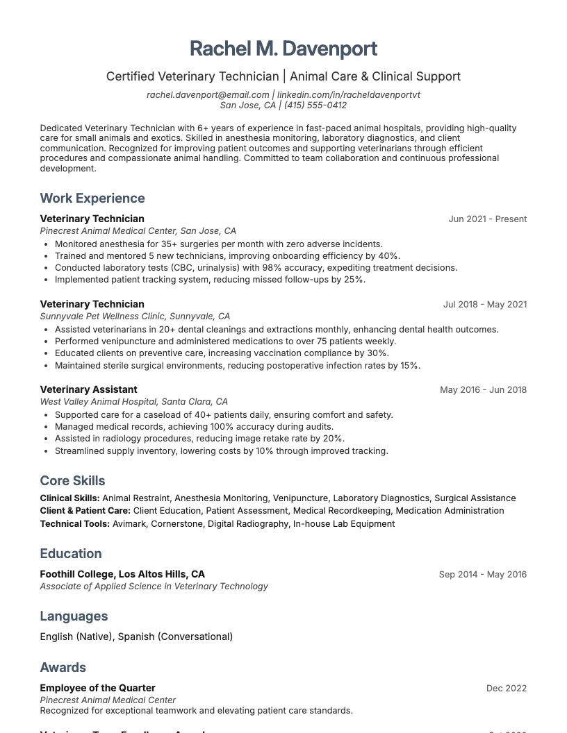 Veterinary Technician Resume Example
