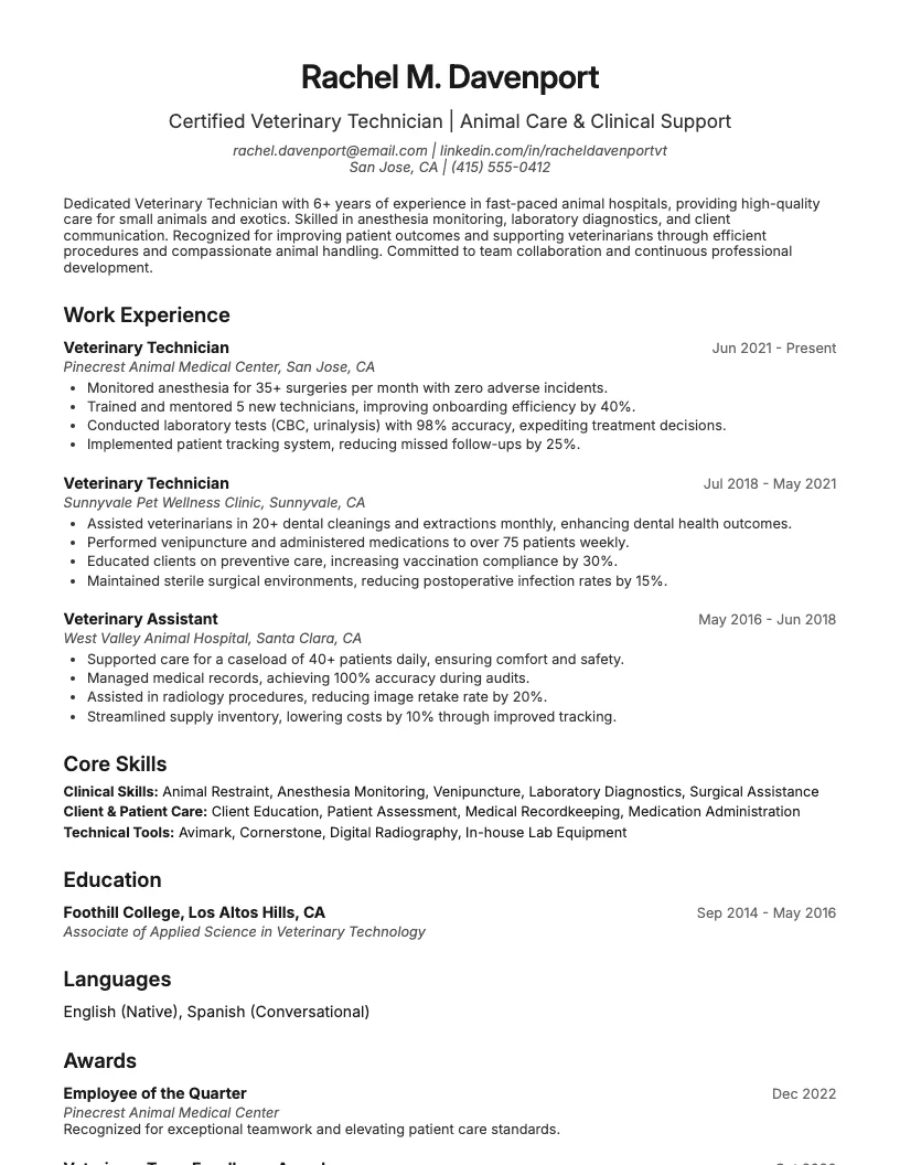 Veterinary Technician Resume Example