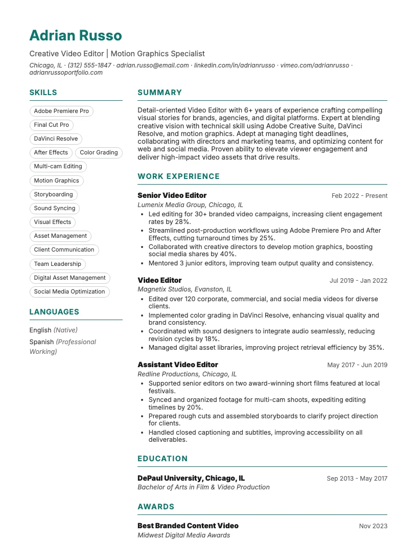 Video Editor resume example