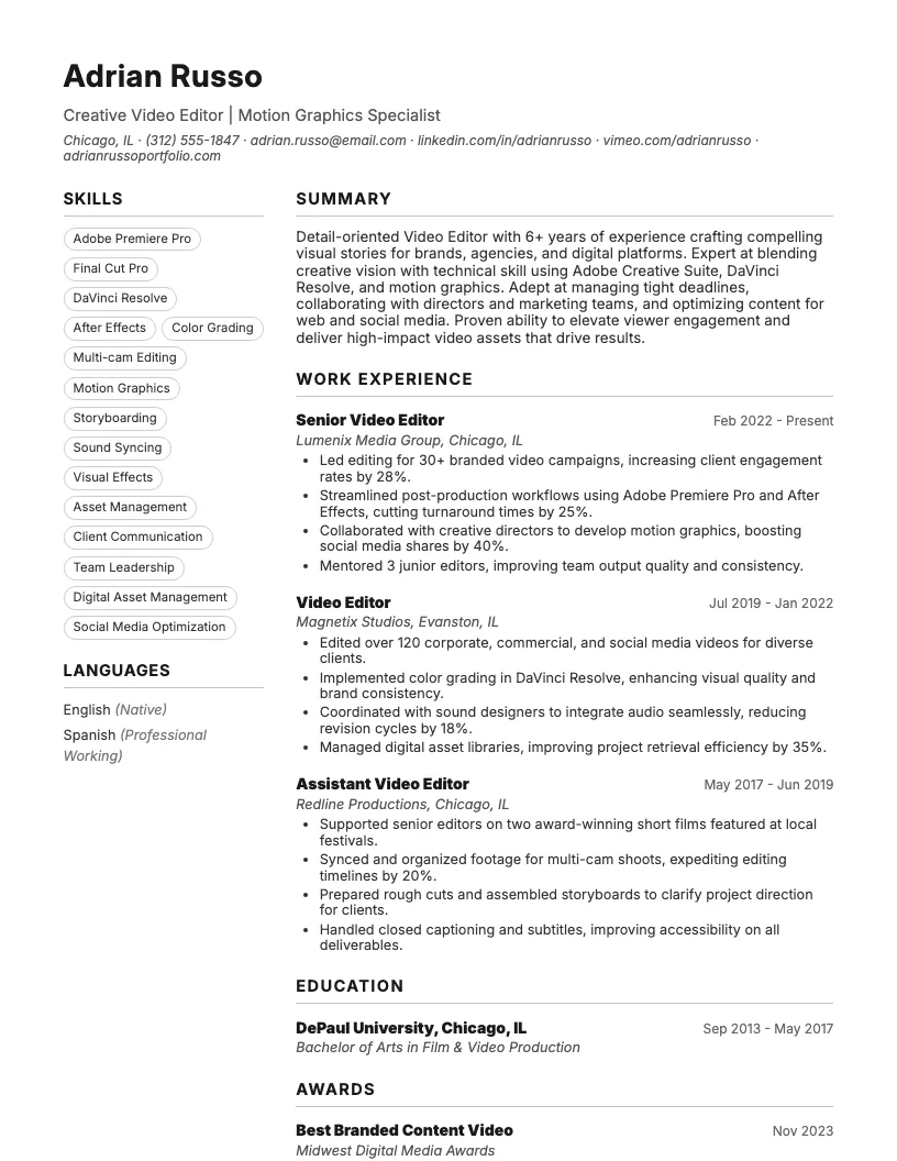Video Editor Resume Example