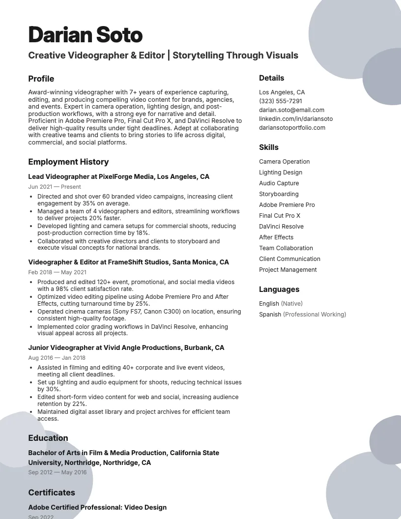 Videographer Resume Example