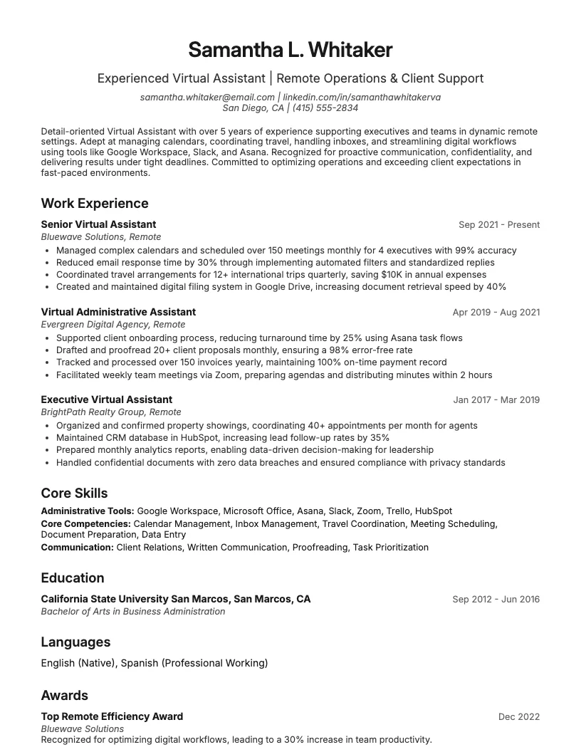 Virtual Assistant Resume Example