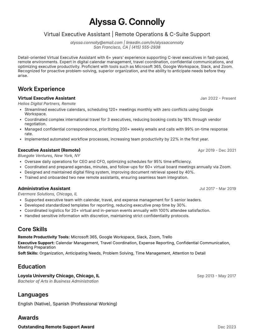 Virtual Executive Assistant Resume Example