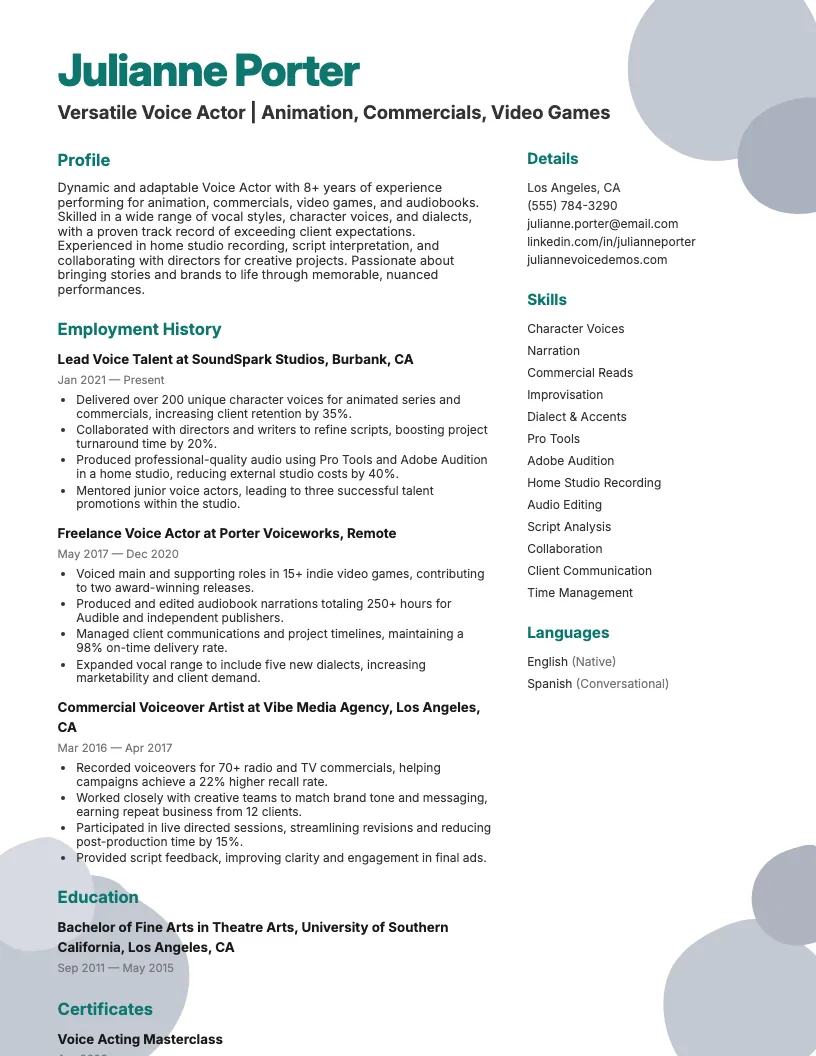 Voice Actor Resume Example
