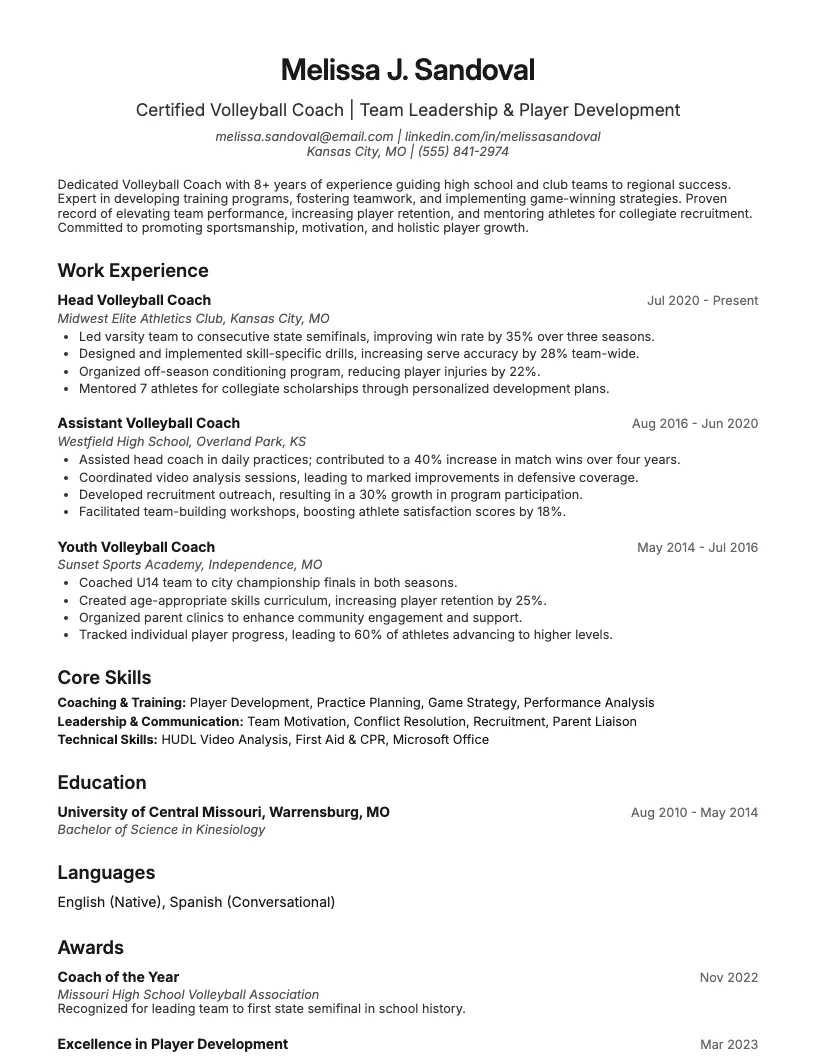 Volleyball Coach Resume Example