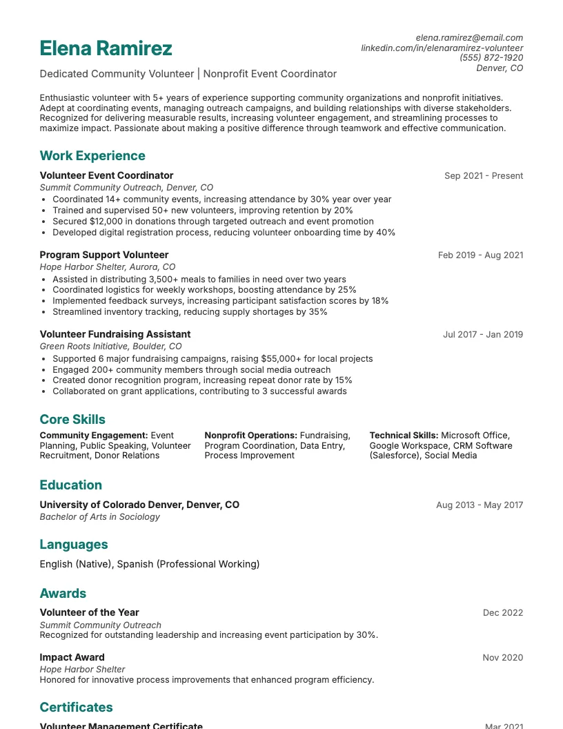 Community Service Volunteer Resume Example