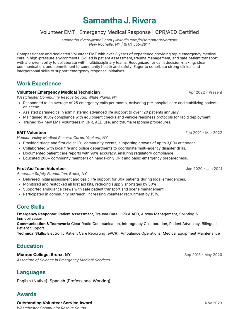 Volunteer EMT Resume Example