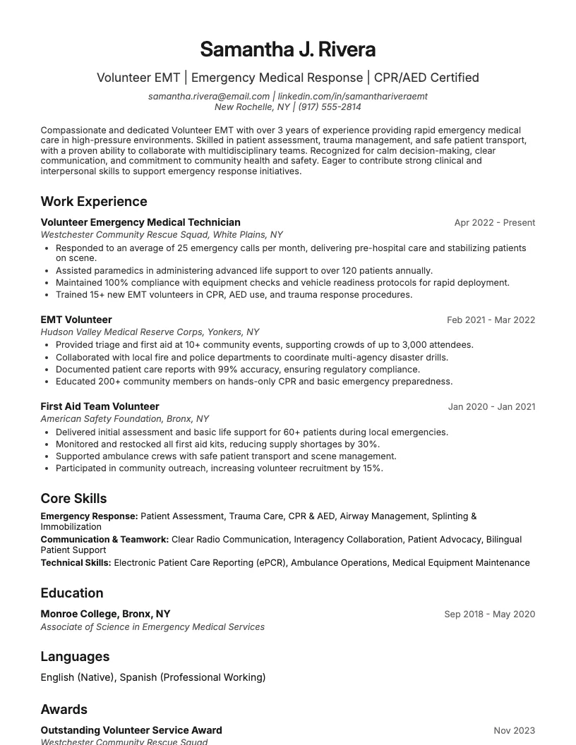 Volunteer Emt Resume Example