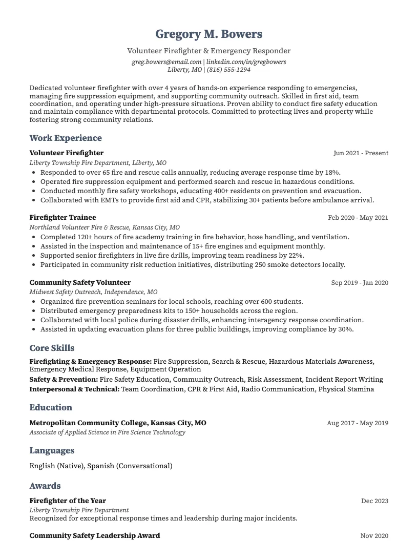 Volunteer Firefighter Resume Example