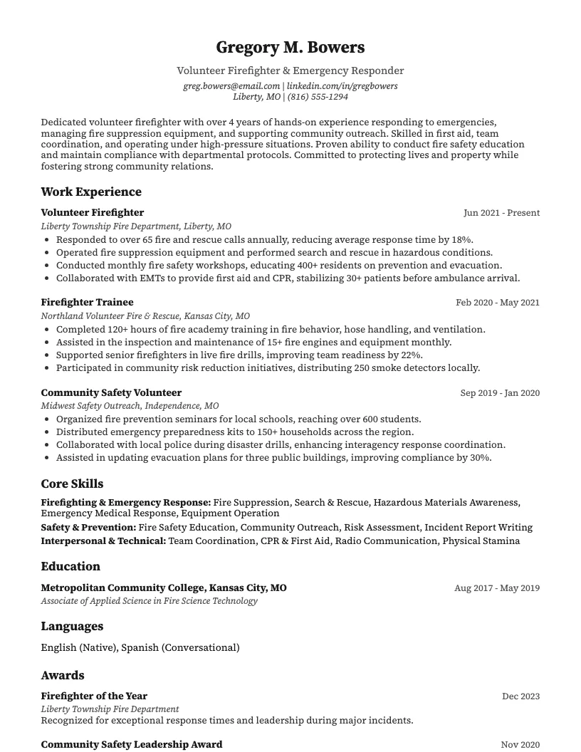 Volunteer Firefighter Resume Example