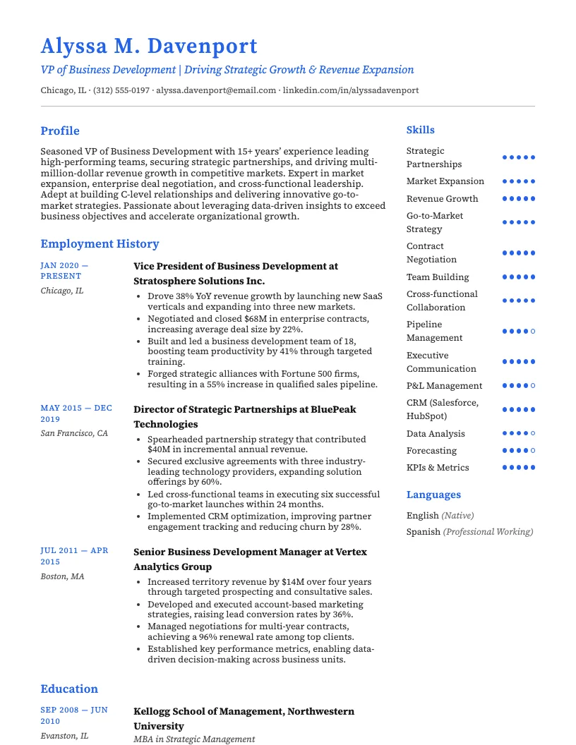 VP of Business Development Resume Example