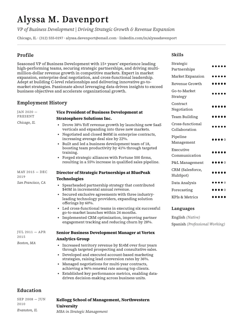 Vp Of Business Development Resume Example