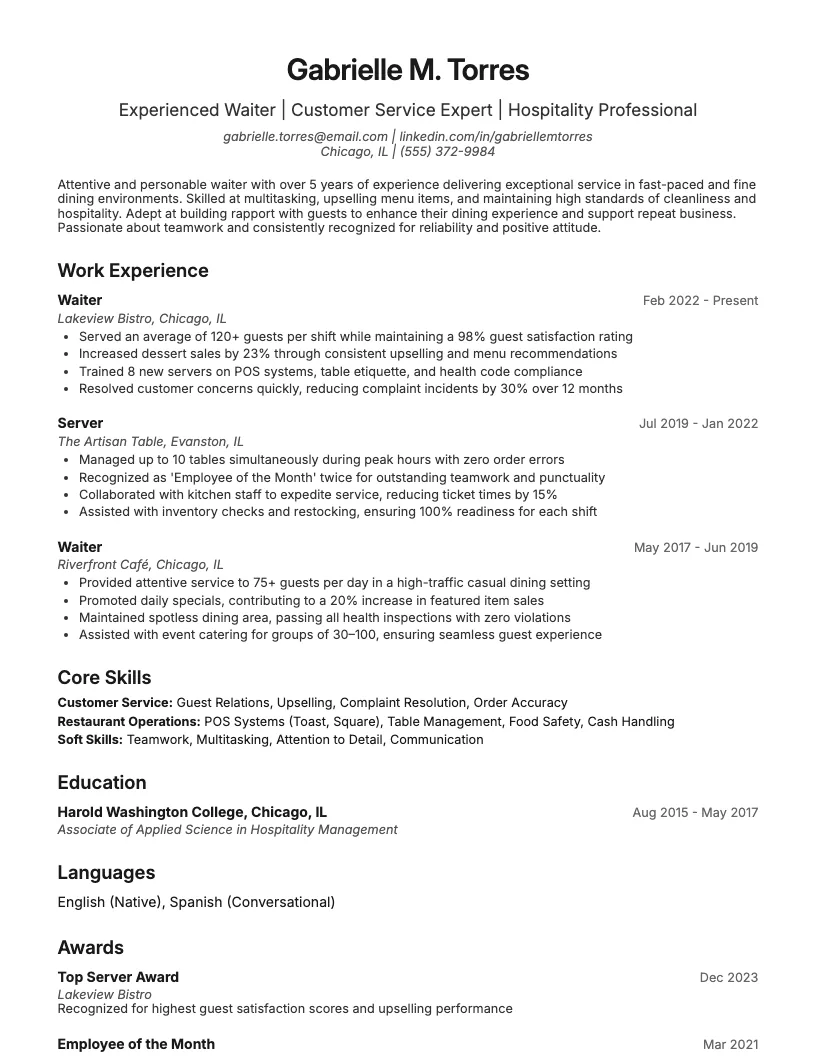 Waiter Resume Example