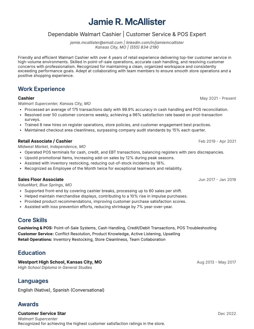 Walmart Cashier Resume Example