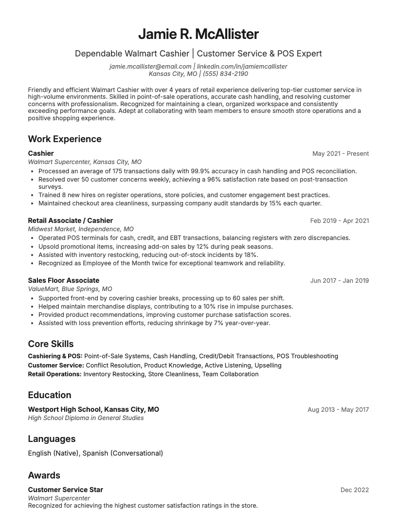 Walmart Cashier Resume Example
