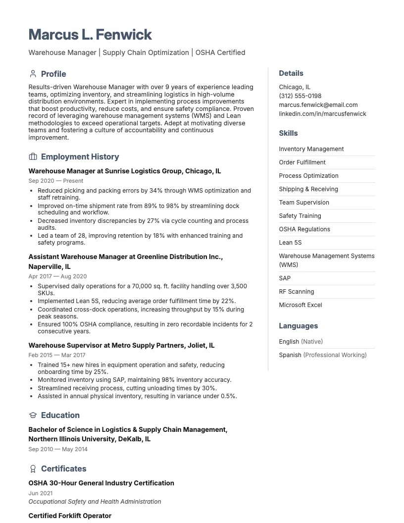 Warehouse Manager Resume Example