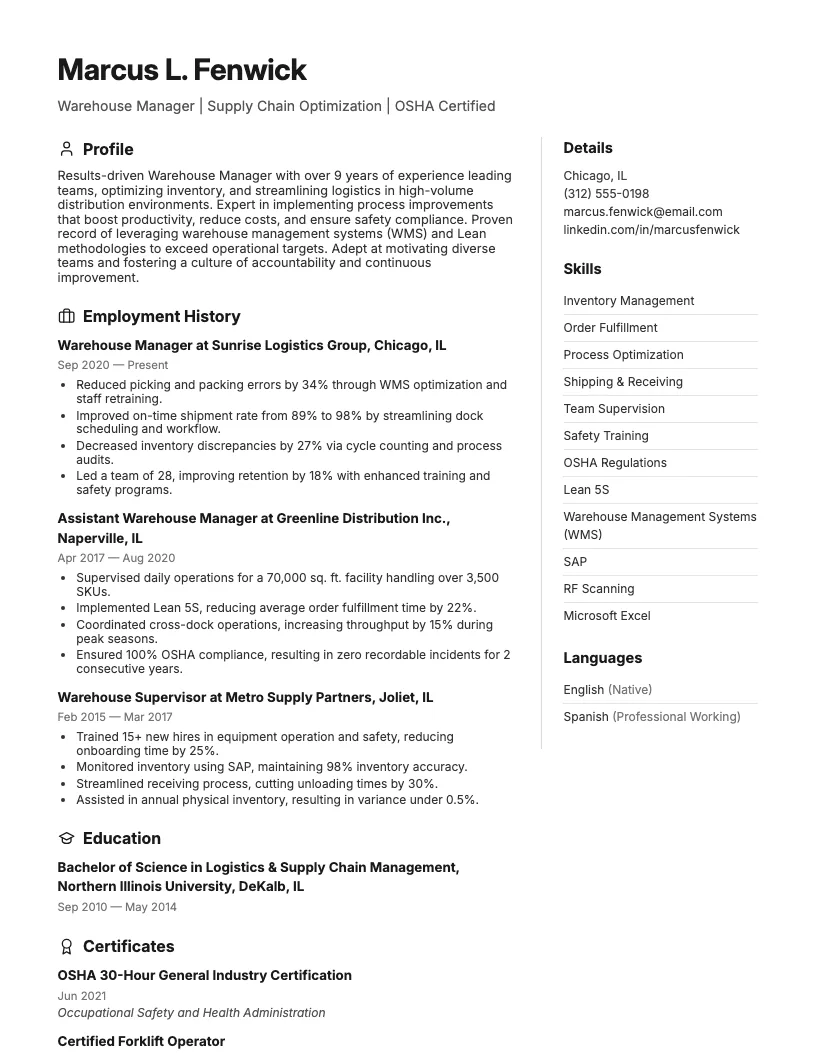 Warehouse Manager resume example