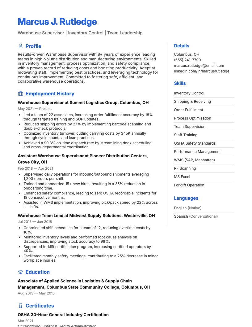 Warehouse Supervisor Resume Example