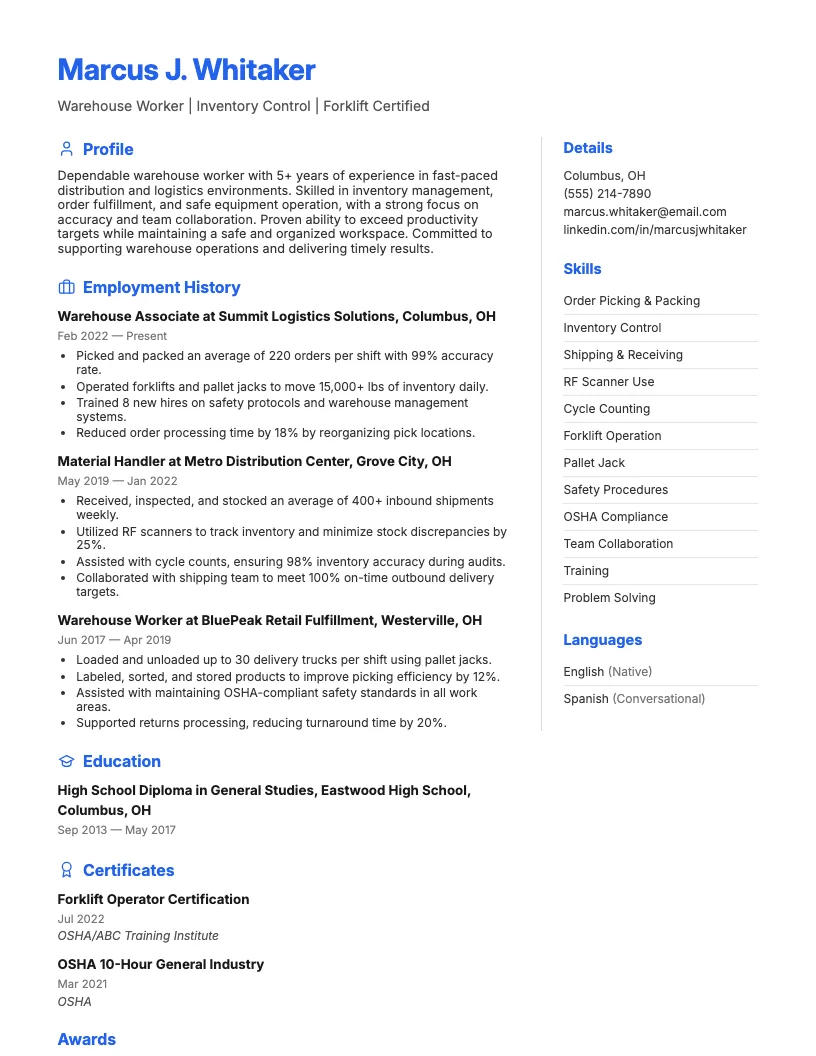 Warehouse Worker Resume Example