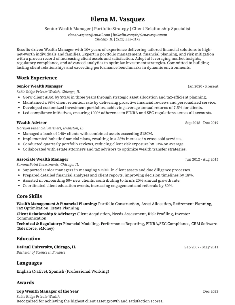 Wealth Manager Resume Example