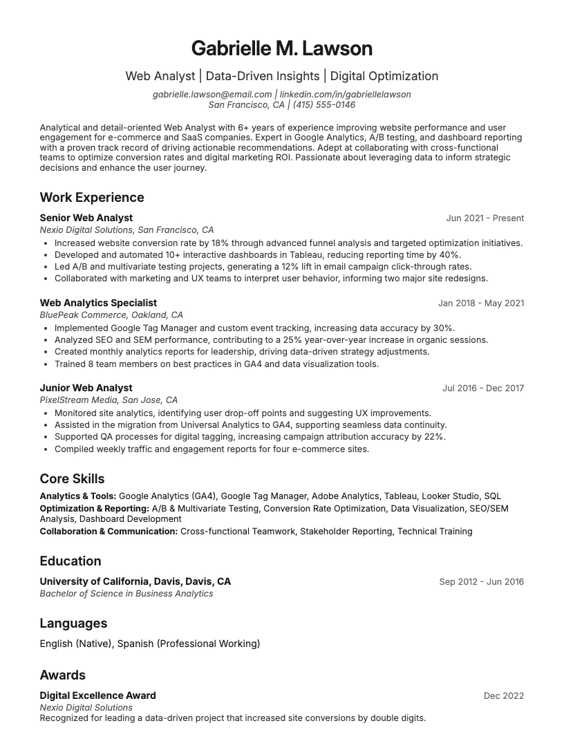 Web Analyst Resume Example