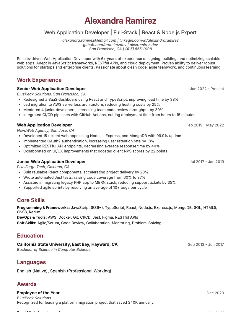 Web Application Developer Resume Example