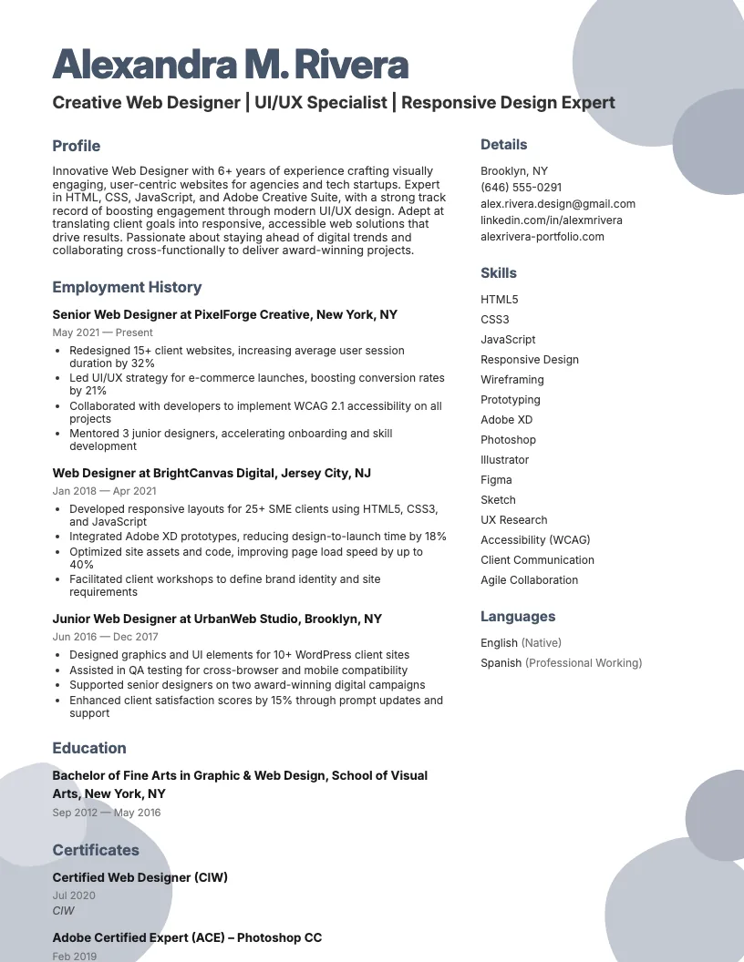 Web Designer Resume Example