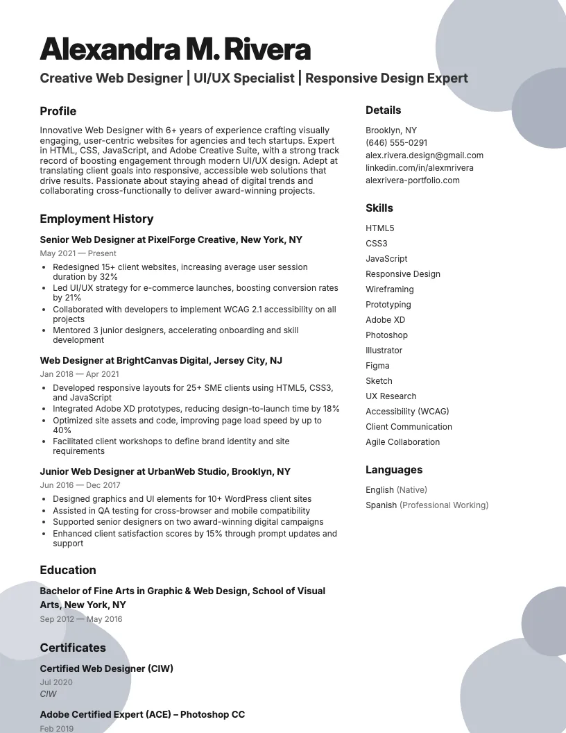 Web Designer Resume Example