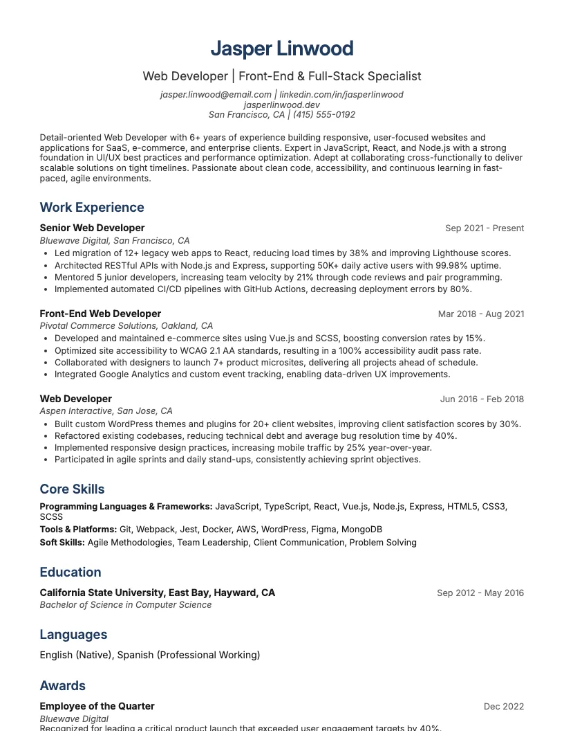 WordPress Developer Resume Example