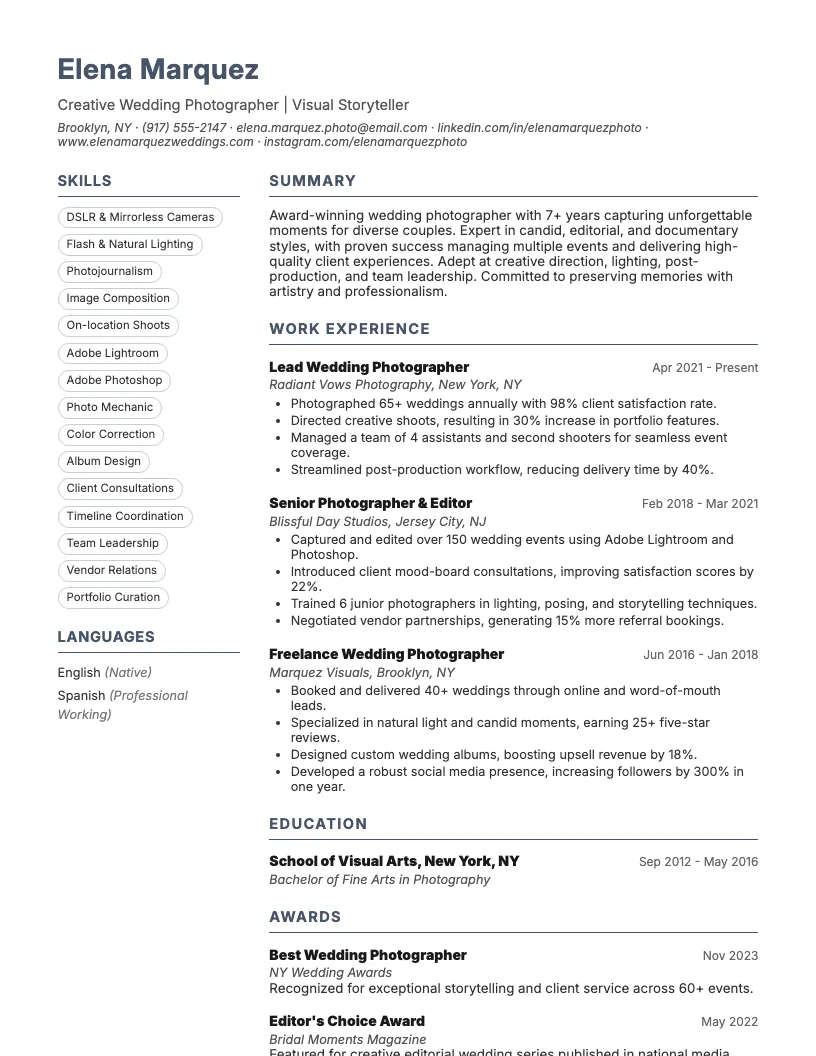 Wedding Photographer Resume Example