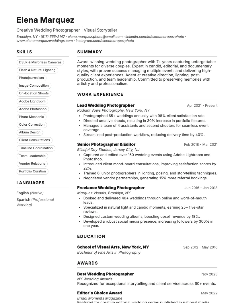 Wedding Photographer Resume Example