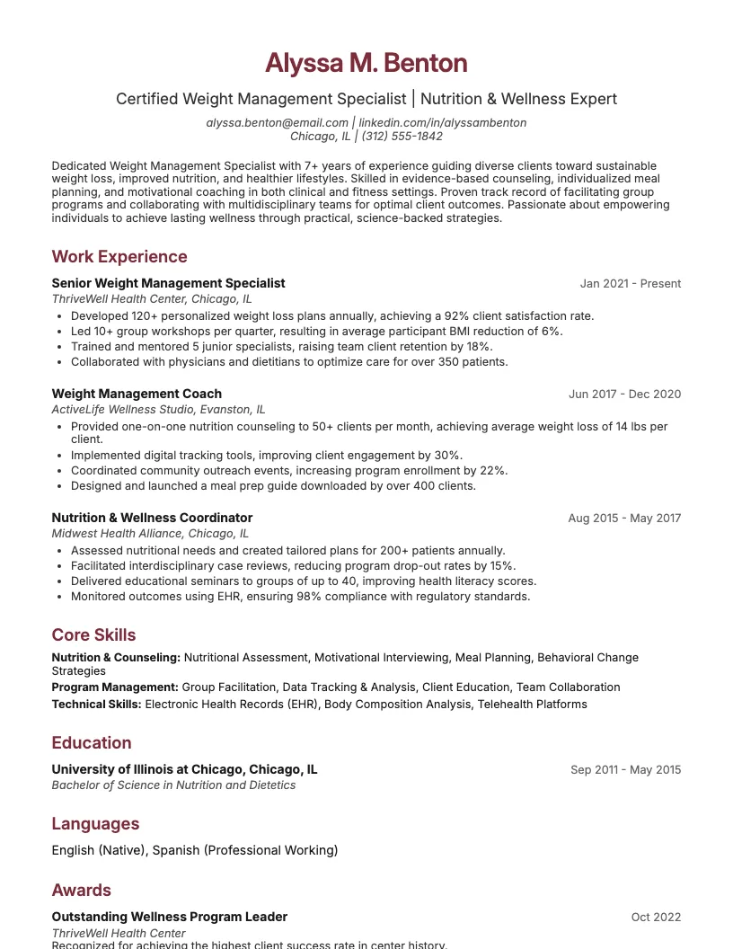 Weight Management Specialist Resume Example