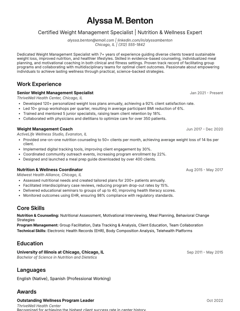 Weight Management Specialist Resume Example