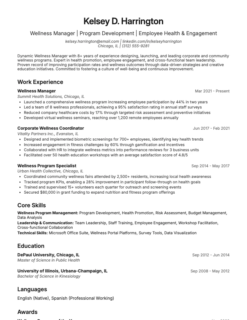 Wellness Manager Resume Example