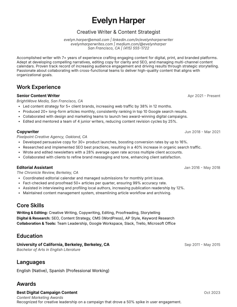 Writer resume example