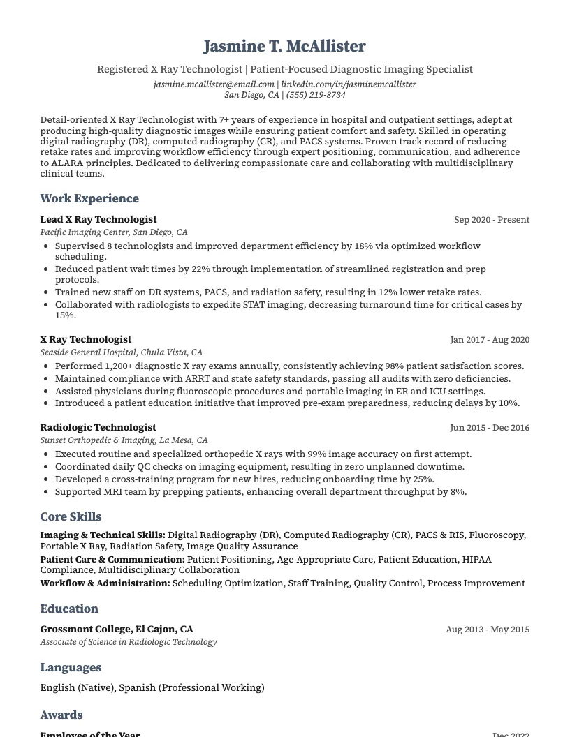 X-Ray Technologist Resume Example
