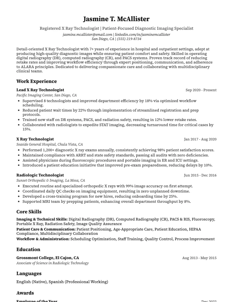 X Ray Technologist Resume Example