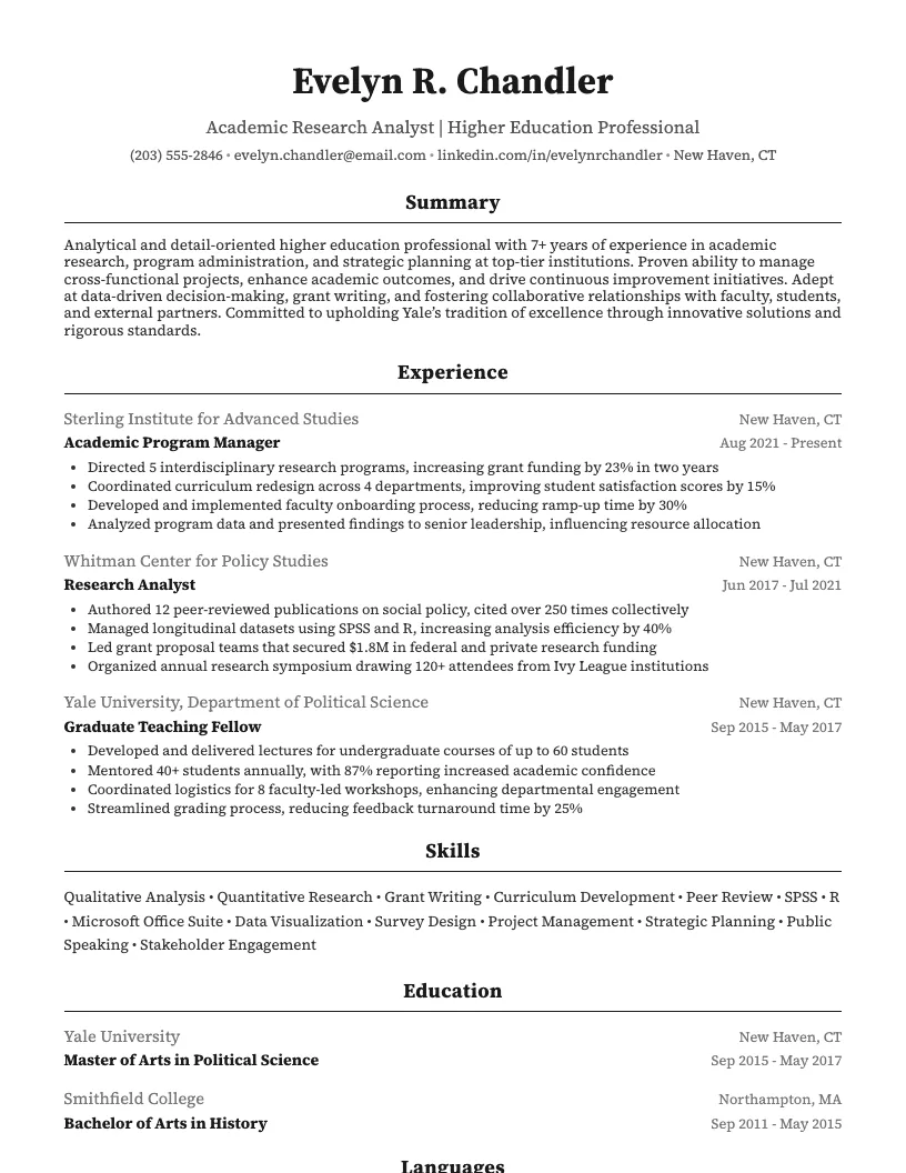 Yale Resume Example