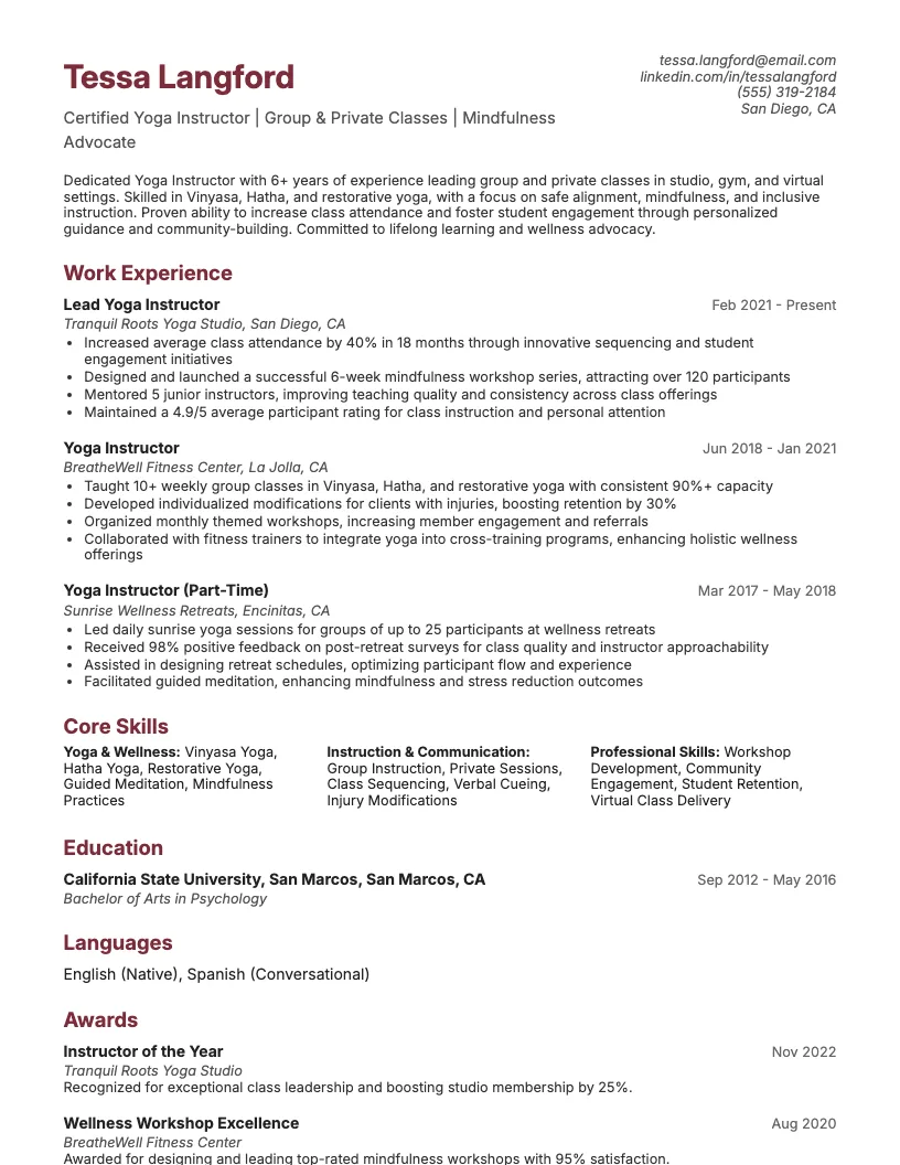 Yoga Instructor Resume Example