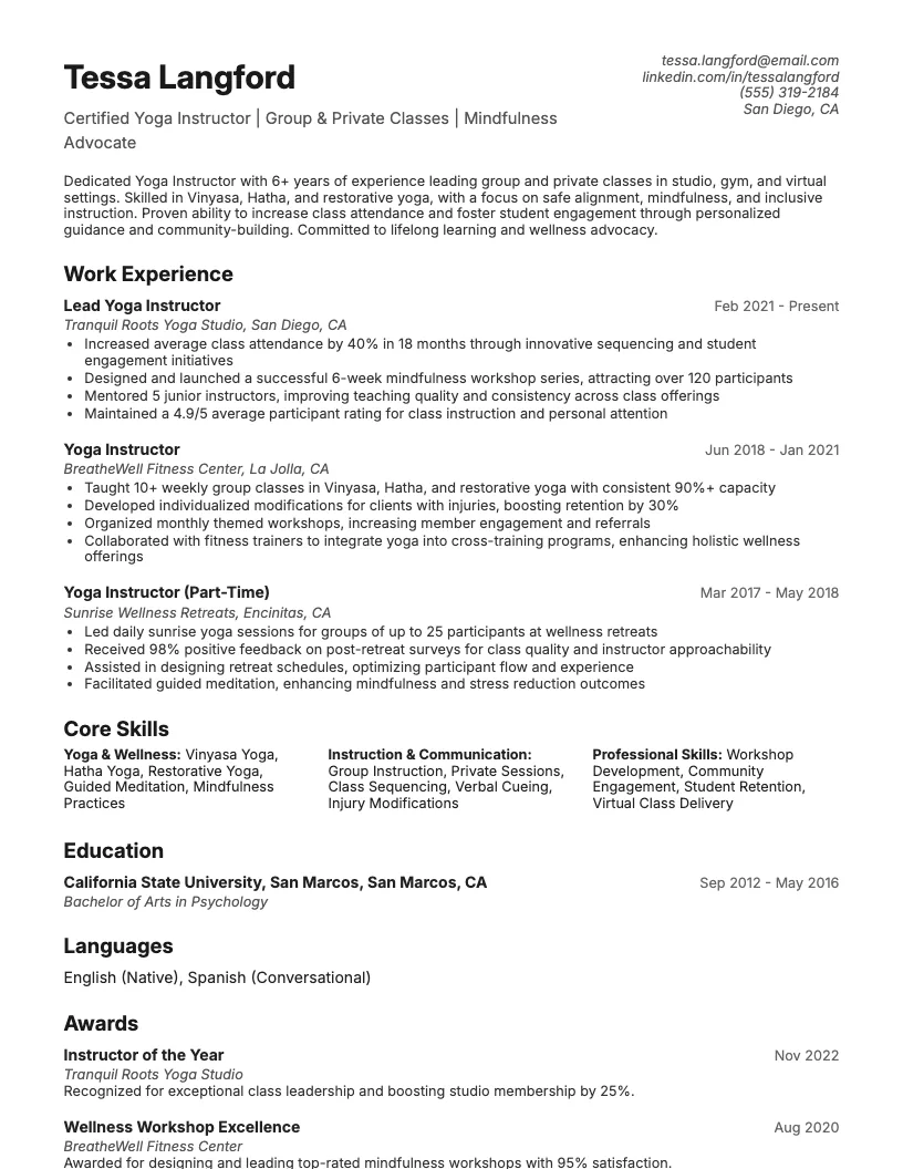 Yoga Instructor Resume Example