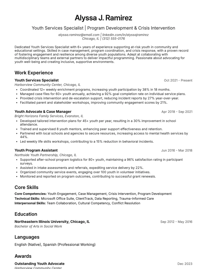 Youth Services Specialist Resume Example