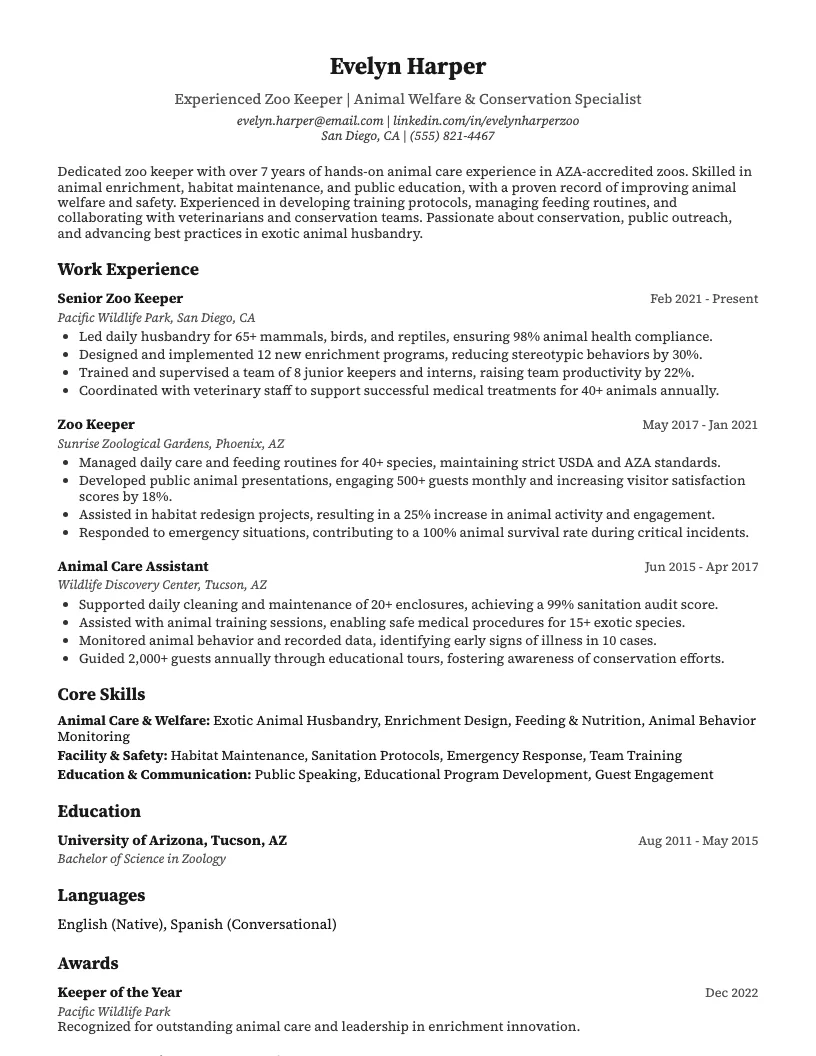 Zoo Keeper Resume Example